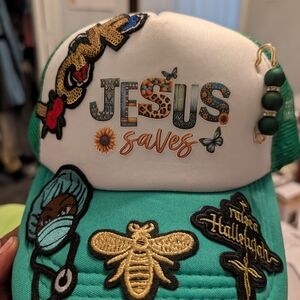Green and White Kids Cap with Embroidered Patches